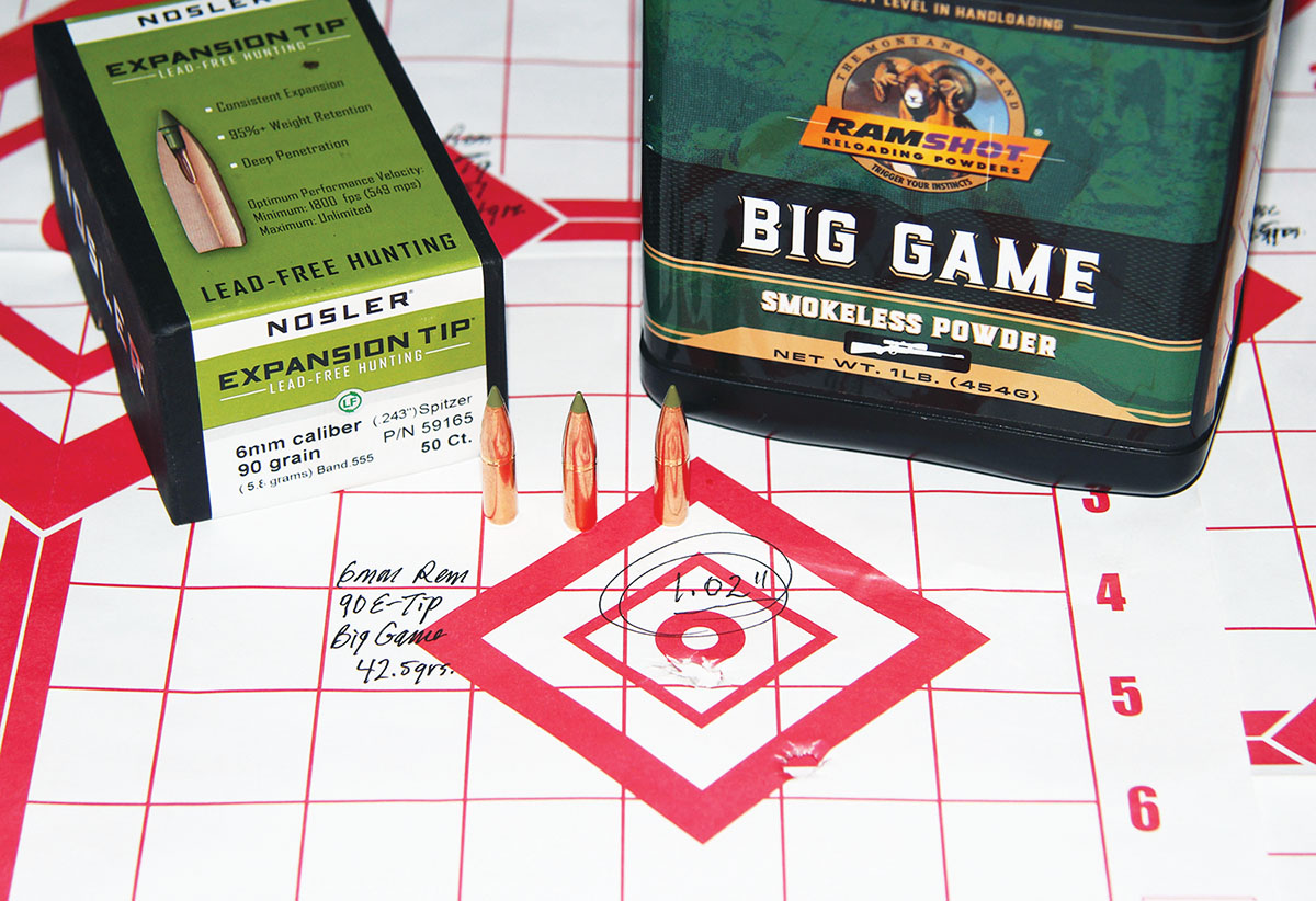 Patrick’s 6mm Remington struggled with Nosler’s 90-grain Expansion Tip, though it did produce this 1.02-inch group with a 42.5-grain charge of Ramshot Big Game. Velocity was a respectable 3,137 fps.